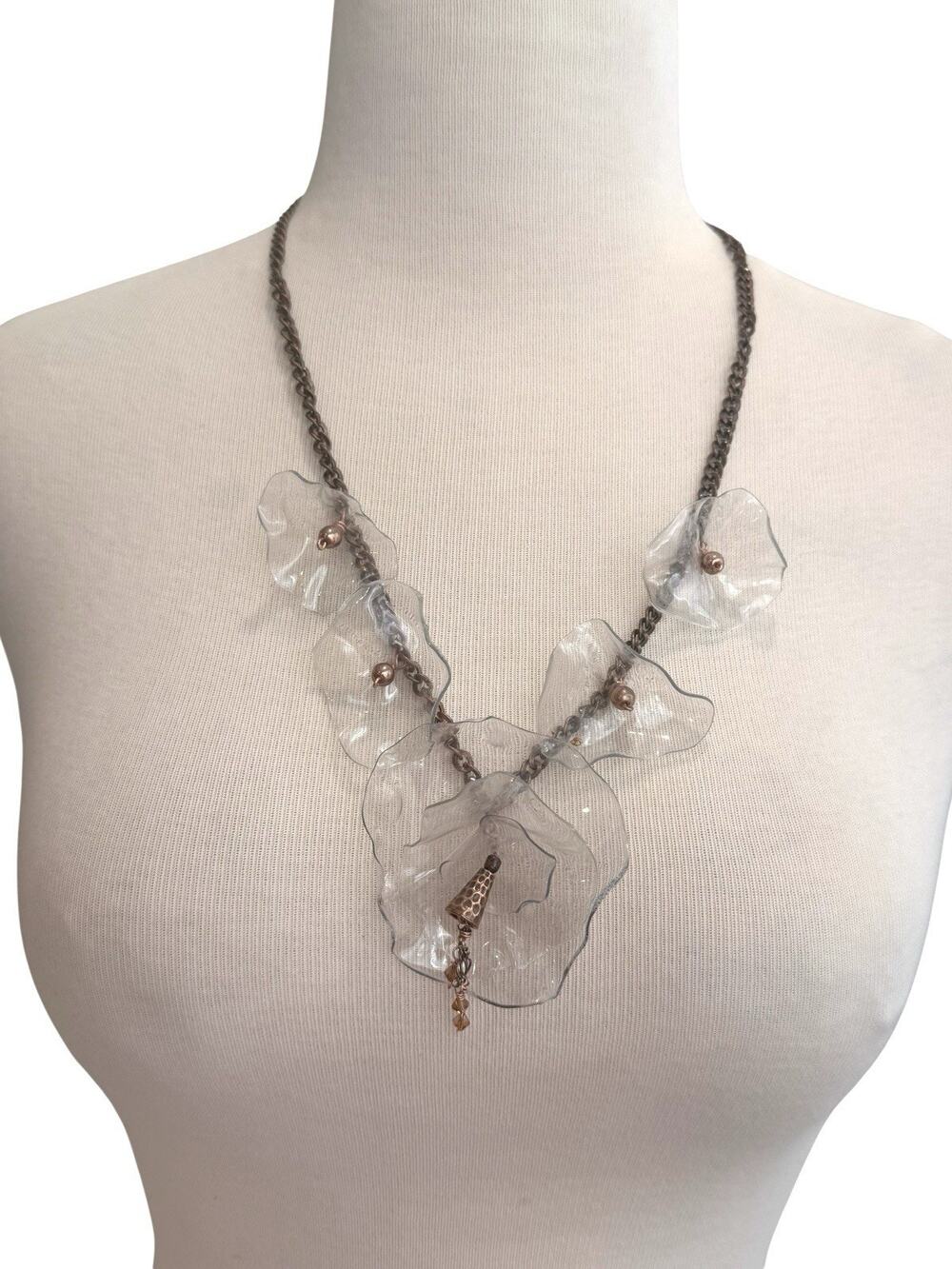 Upcycled Flower Statement Necklace Copper Tone Chain Plastic Bottle Flowers